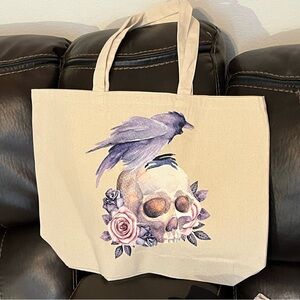 Skull and Raven Canvas Tote Bag - Cream